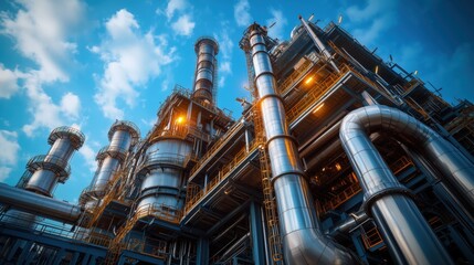 Industrial petrochemical plant with large pipes. Detailed view of a petrochemical plant with large interconnected pipes and tall towers, illustrating industrial engineering and chemical processing.