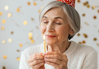Elderly woman celebrating birthday with joy and candlelit warmth