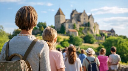 A Group of Tourists Exploring a Historic Castle on a Sunny Day Trip