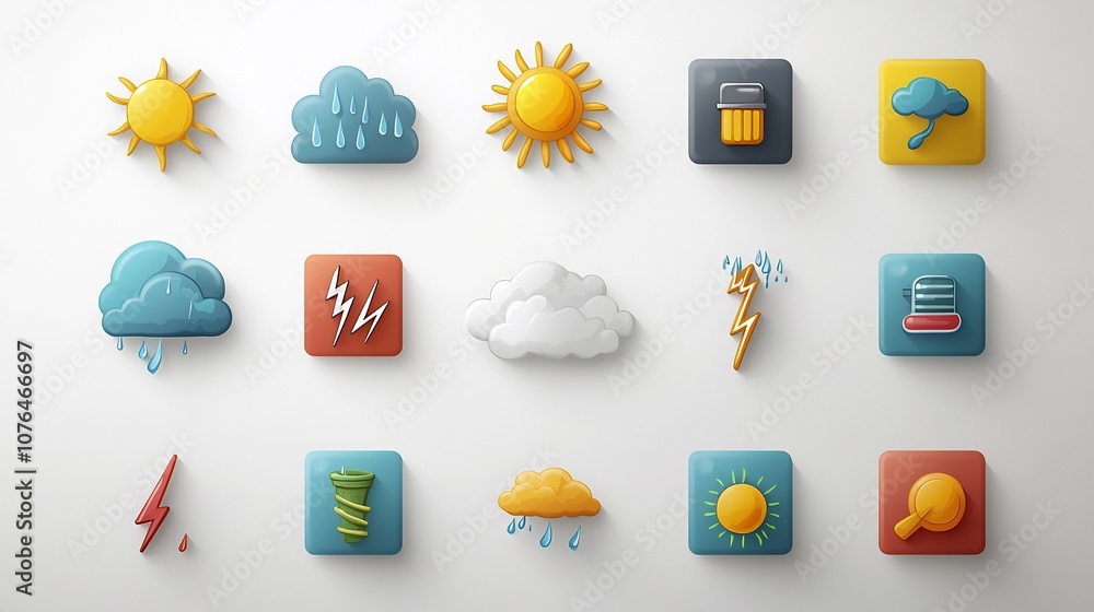 Poster Vibrant and Cheerful Weather Icons Collection Representing Sun Rain Clouds and Lightning in a Bright Graphical Style Perfect for Weather Forecast Apps UI and Digital Interfaces