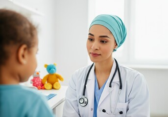 Caring doctor with child in pediatric clinic