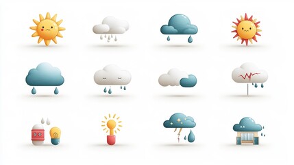 Obraz premium Vibrant Weather Condition Icons in Cheerful Design Collection of colorful symbols representing different weather elements such as sun rain clouds and lightning in a bright and cheerful visual style