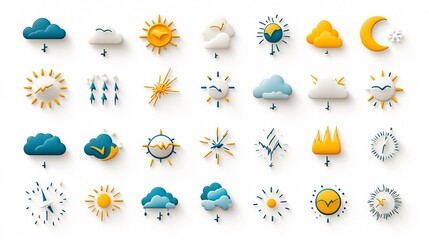 Obraz premium Comprehensive set of vibrant weather icons and symbols in a range of colors perfect for use in weather forecasts climate reports mobile apps digital dashboards and other meteorological applications