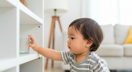 Child safety: toddler in striped shirt reaching for glass on shelf in bright living room
