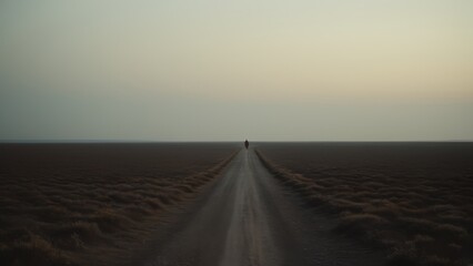 Fototapeta premium A solitary figure walking on a long, empty road at dusk, surrounded by a vast landscape. This image evokes feelings of loneliness and exploration