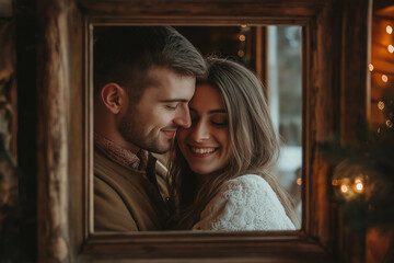 Obraz premium Minimalist, close-up of couple’s hands holding a picture frame, simple light background