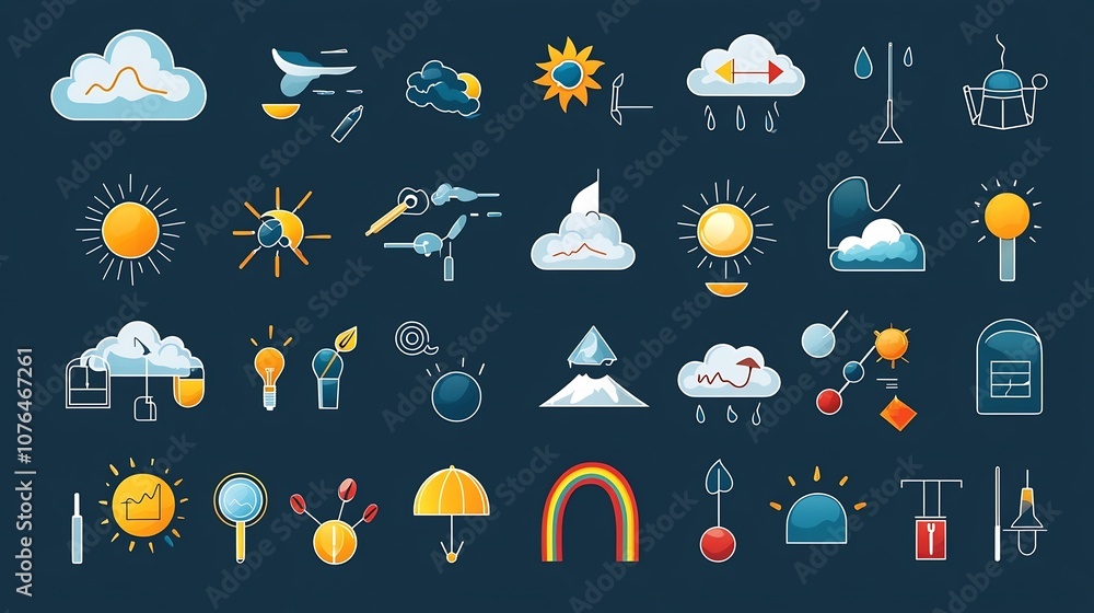 Poster vibrant weather icon set in symbols such as cloudy skies snow rainbows and sun ideal for weather for
