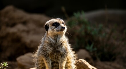 Fototapeta premium Meerkat gazing alertly in natural habitat under sunlight