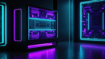 Obraz premium Futuristic neon circuit wall design with vibrant purple and cyan lights, perfect for tech and digital art themes