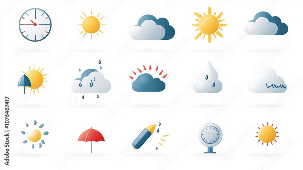 Aufkleber Vibrant icon collection representing various weather elements like rain sunshine fog and temperature in a modern minimalist design style  These abstract