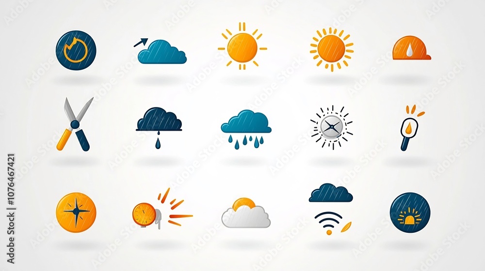 Poster Comprehensive collection of vibrant icons representing various weather elements such as rain sunshine fog and temperature designed in a sleek and modern aesthetic style for use in digital interfaces