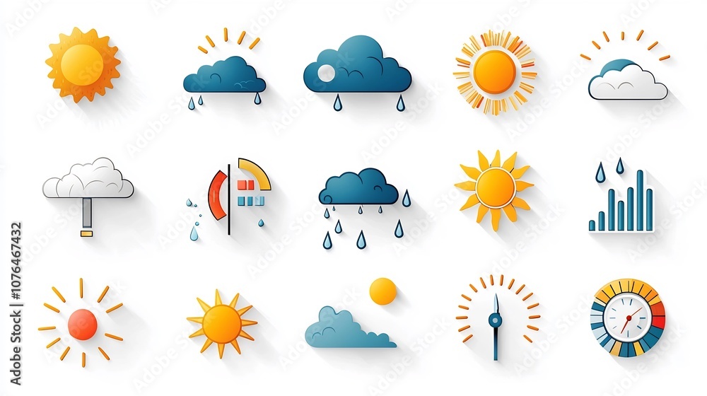 Poster Comprehensive collection of colorful icons depicting various weather elements and symbols including rain sunshine fog temperature and other atmospheric phenomena designed in a modern