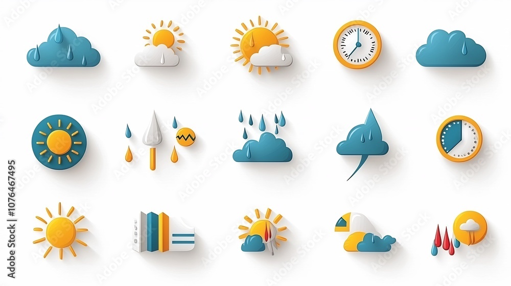 Poster Vibrant and Stylized Icon Set Depicting Weather Elements Such as Rain Sunshine Fog and Temperature in a Contemporary Minimalist Design for Digital Applications and User Interfaces