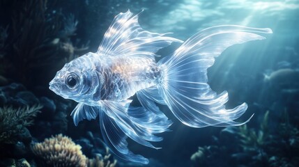 Fototapeta premium Transparent Goldfish with Faded Fin Swims Through Underwater Plants