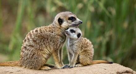 Fototapeta premium Adorable meerkats embracing in natural habitat