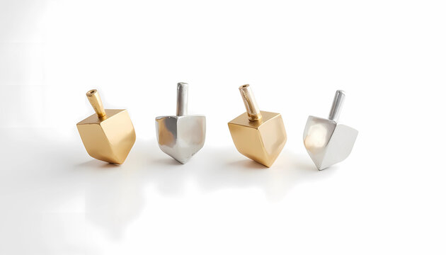 Gold and silver dreidels arranged on white background