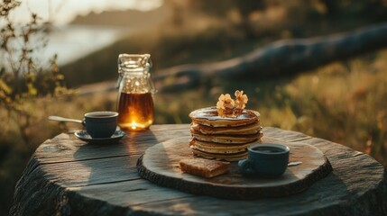 Obraz premium Morning Pancakes with Coffee by the Lake