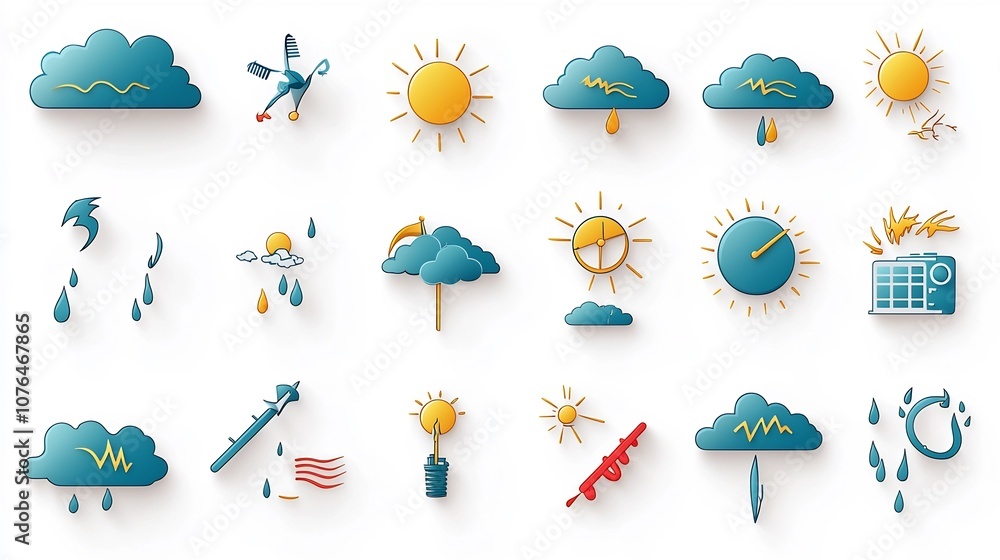 Poster collection of vivid gradient icons representing various weather conditions and phenomena such as sun