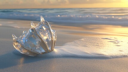 Obraz premium Glass Shell on a Sandy Beach at Sunset