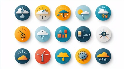 Fototapeta premium Colorful icon set depicting a wide range of weather conditions and atmospheric phenomena including sunny days cloudy skies rainstorms wind gusts and more