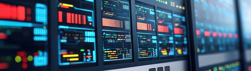 Obraz premium A close-up view of futuristic digital screens displaying data, graphs, and analytics in a high-tech environment.