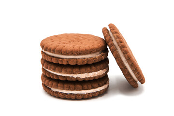 Delicious chocolate cookies with filling isolated on white background. Handmade traditional sweets. Clipping Path.	