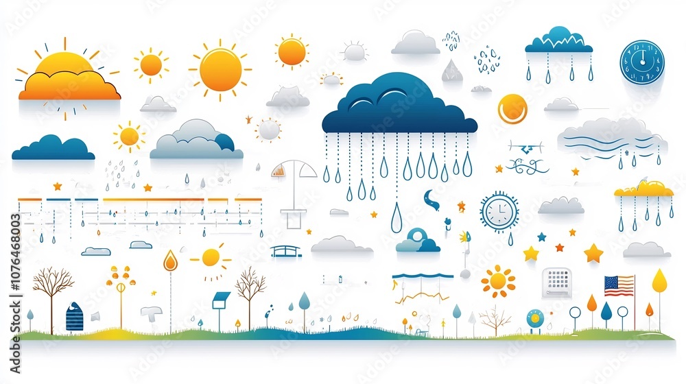Poster A set of colorful minimalist weather icons in a style designed for weather forecasting apps data dashboards and weather related interfaces  The icons depict sunny rainy stormy