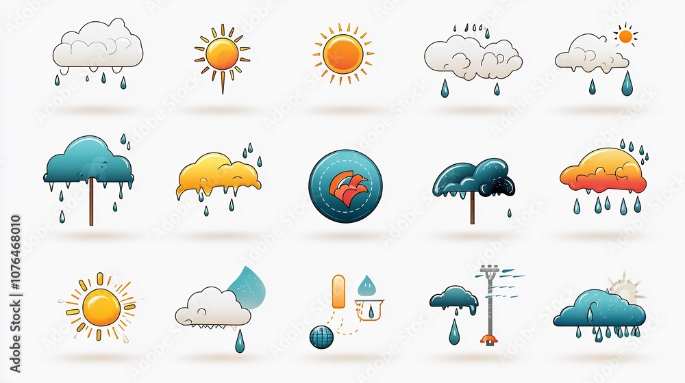 Poster colorful and easy to understand weather icons in a style for digital interfaces apps and data visual