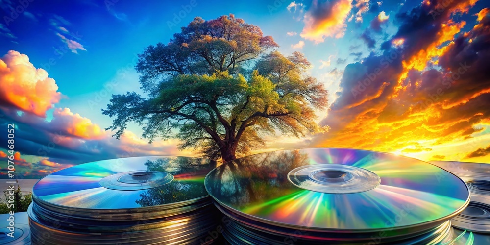 Poster enigmatic double exposure art featuring blank cds and dvds with abstract patterns and nature element
