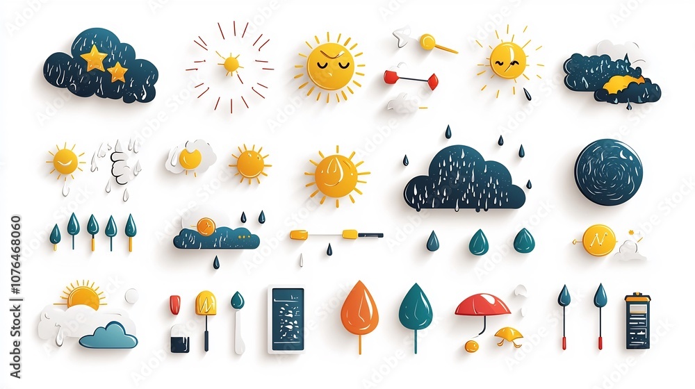 Poster vibrant collection of weather related icons including sunny rainy stormy and snowy symbols in a clea