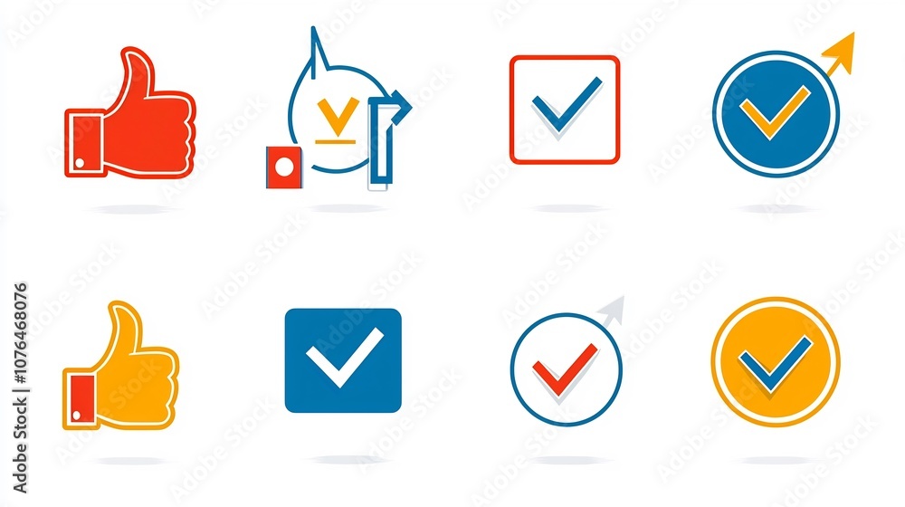 Poster Vibrant Icons in Variety of Colors Depicting Symbols like Thumbs Up Checkboxes and Decision Arrows for User Interface and Experience Designs