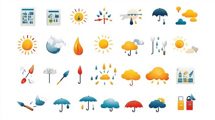 Obraz premium Vibrant and Visually Appealing Weather Icon Set Featuring Sunny Rainy Stormy and Snowy Symbols in a Stylized Graphic Design