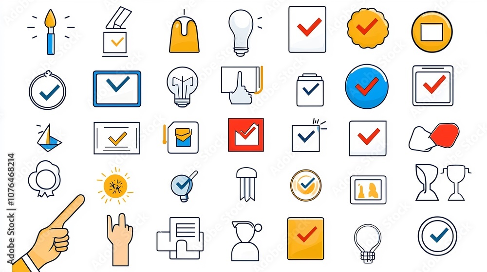 Aufkleber Collection of vibrant icons featuring elements like hand pointing tick marks and selection indicators ideal for visualizing choice decision making and preference related themes in digital designs