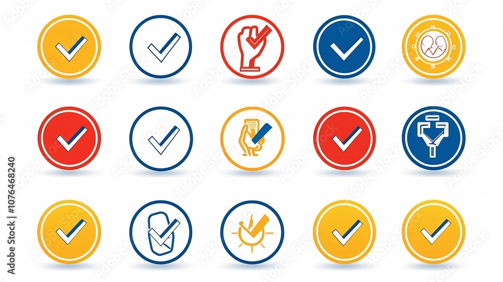 Poster Colorful icon set featuring various elements like hand pointing tick marks and selection indicators perfect for decision making choice and selection related themes and concepts
