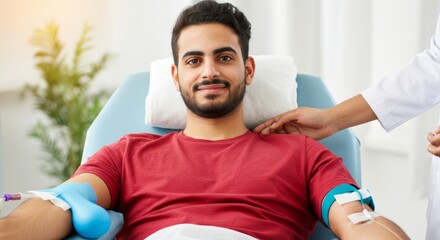 Man donating blood in a clinic, encouraging healthcare participation and saving lives