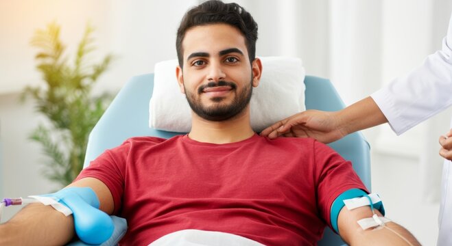Man donating blood in a clinic, encouraging healthcare participation and saving lives