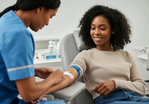 Nurse assisting woman during blood draw in medical clinic