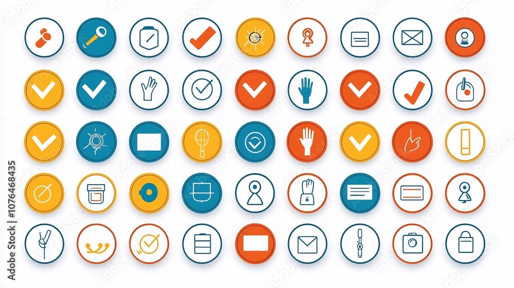Poster Vibrant icon set illustrating choice making process with elements like yesno buttons hand gestures and highlighted options in modern format for user interfaces web design and software applications