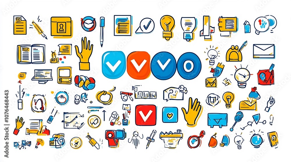Poster Vibrant icon set designed to visually represent the process of decision making featuring elements such as yesno buttons hand gestures and highlighted options in a modern flat format