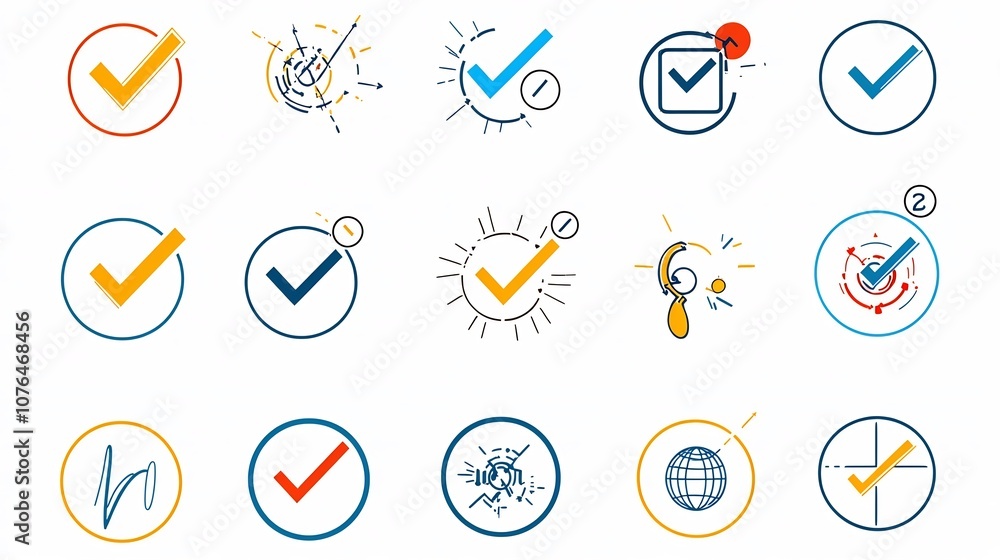 Poster Clean style graphic icons depicting the process of choosing and making decisions featuring colorful check marks cross marks and selection circles to symbolize the evaluation selection