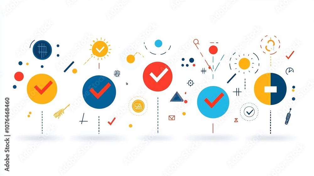 Poster A collection of colorful check marks cross marks and selection circles representing different decision making options and choices in a clean modern and minimalist style