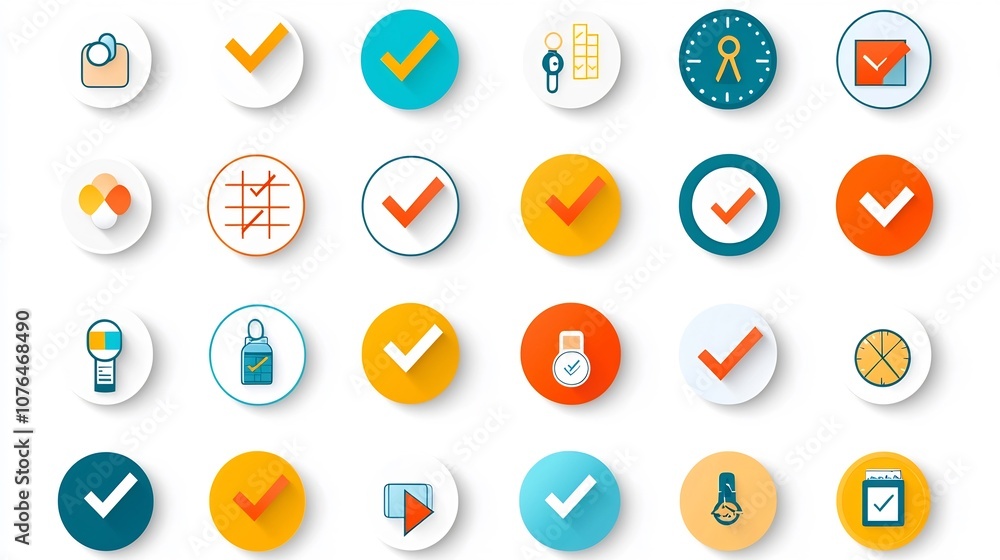 Poster Set of colorful icon symbols representing decision making choices and selections in a clean minimalist style  Includes check marks cross marks and circular selection elements in a modern
