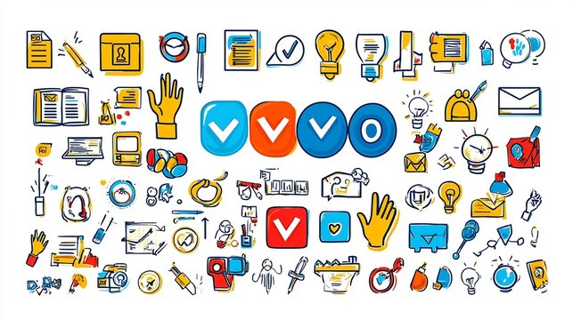Vibrant icon set designed to visually represent the process of decision making featuring elements such as yesno buttons hand gestures and highlighted options in a modern flat format