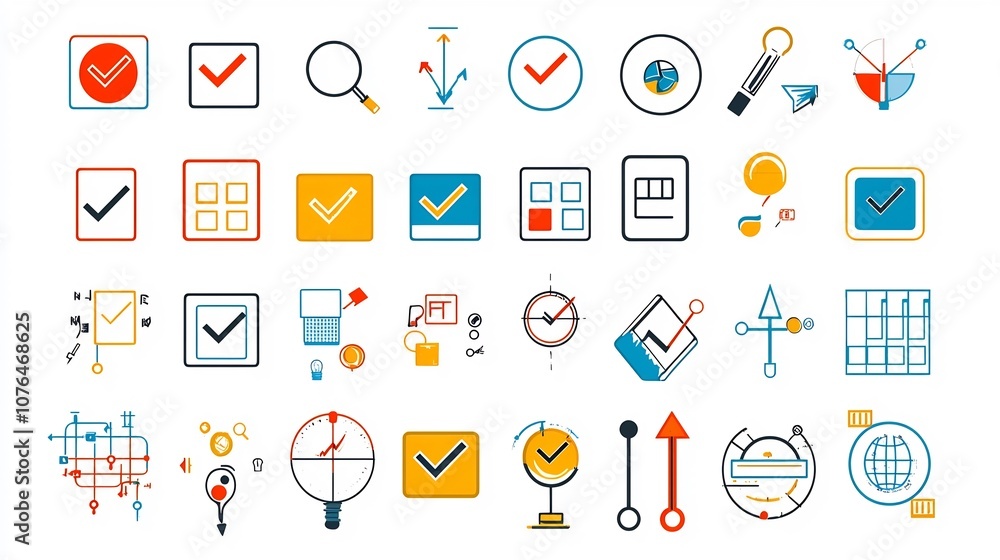 Poster Collection of vibrant icons depicting various symbols related to choices decisions and options such as check marks checkboxes and directional arrows