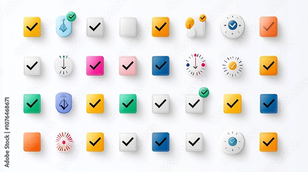 Poster Vibrant Collection of Icons Showcasing Checkboxes Tick Marks and Highlighted Choices for User Interface and Software Design  Ideal for Representing Selection Decision Making