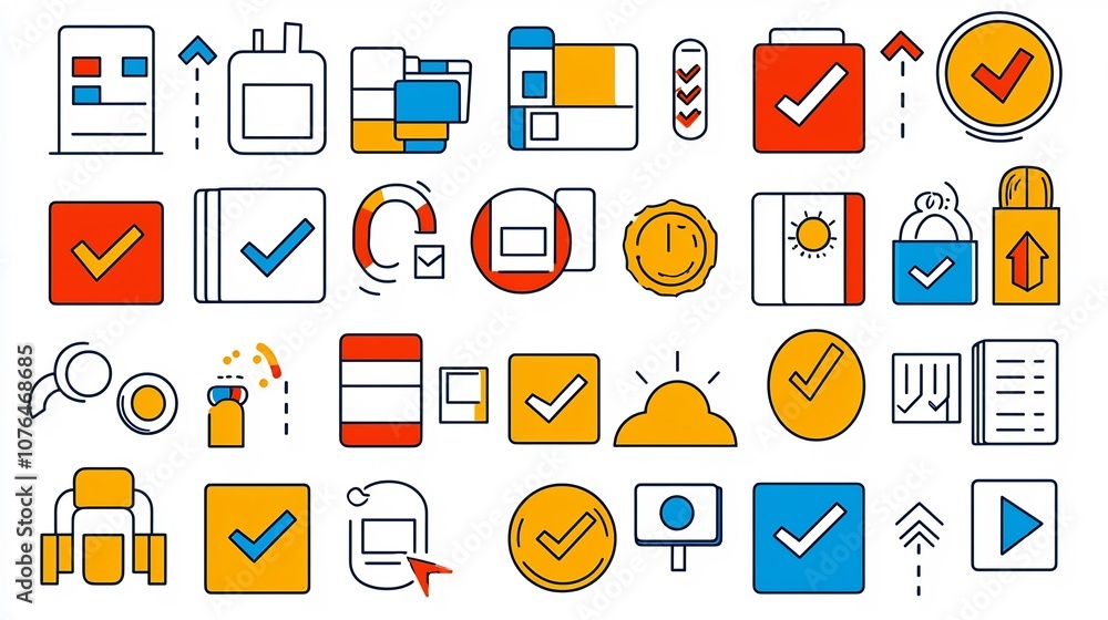 Aufkleber A collection of colorful icons and symbols that visually depict the concepts of choices decisions options and selection  These graphics can be used to represent business strategy opportunities
