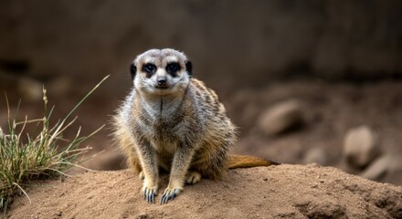 Curious meerkat on sandy ground with blurred background