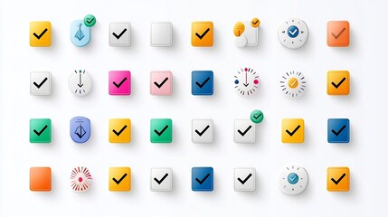 Vibrant Collection of Icons Showcasing Checkboxes Tick Marks and Highlighted Choices for User Interface and Software Design  Ideal for Representing Selection Decision Making