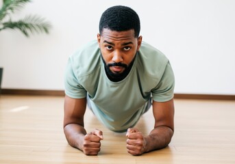 Focused man practicing plank exercise for core strength in cozy home environment
