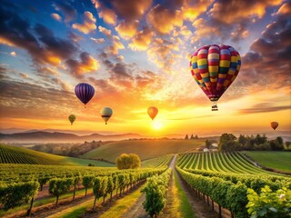 Fototapeta premium Enjoy a Breathtaking Sunrise with Hot Air Balloons Floating Over Lush Vineyards, Capturing the Essence of Vintage Style Photography in a Serene Landscape